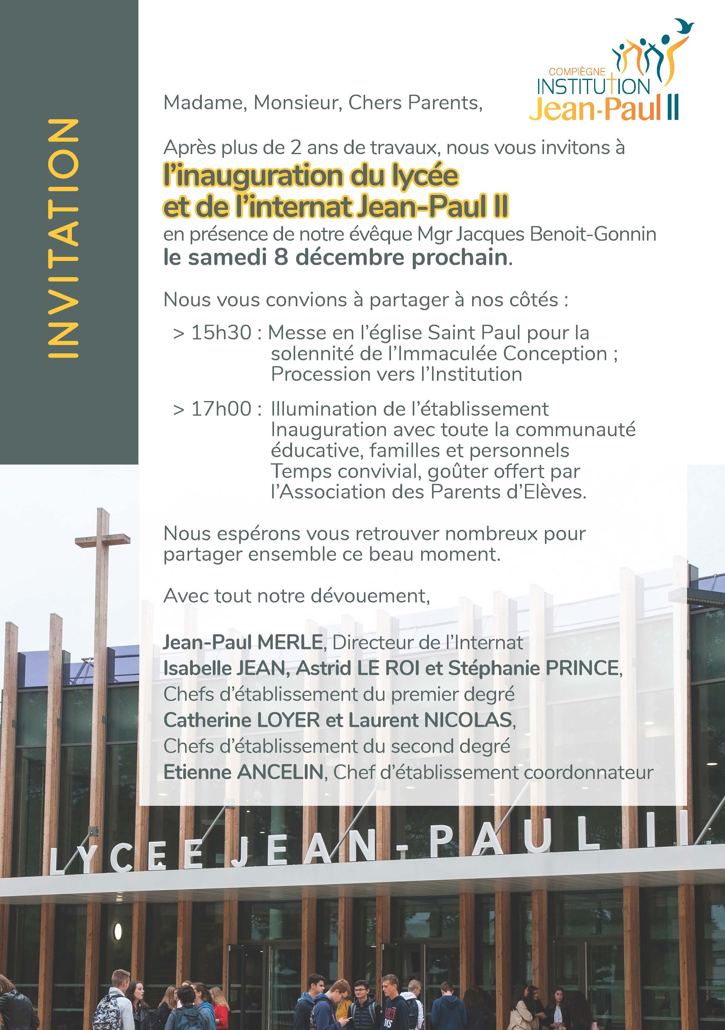 invitation inauguration Lycée JP II 8 déc 18